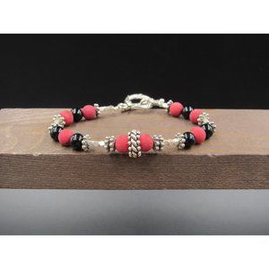 7" Sterling Silver Possible Red Coral And Stone Bracelet Vintage Elegant